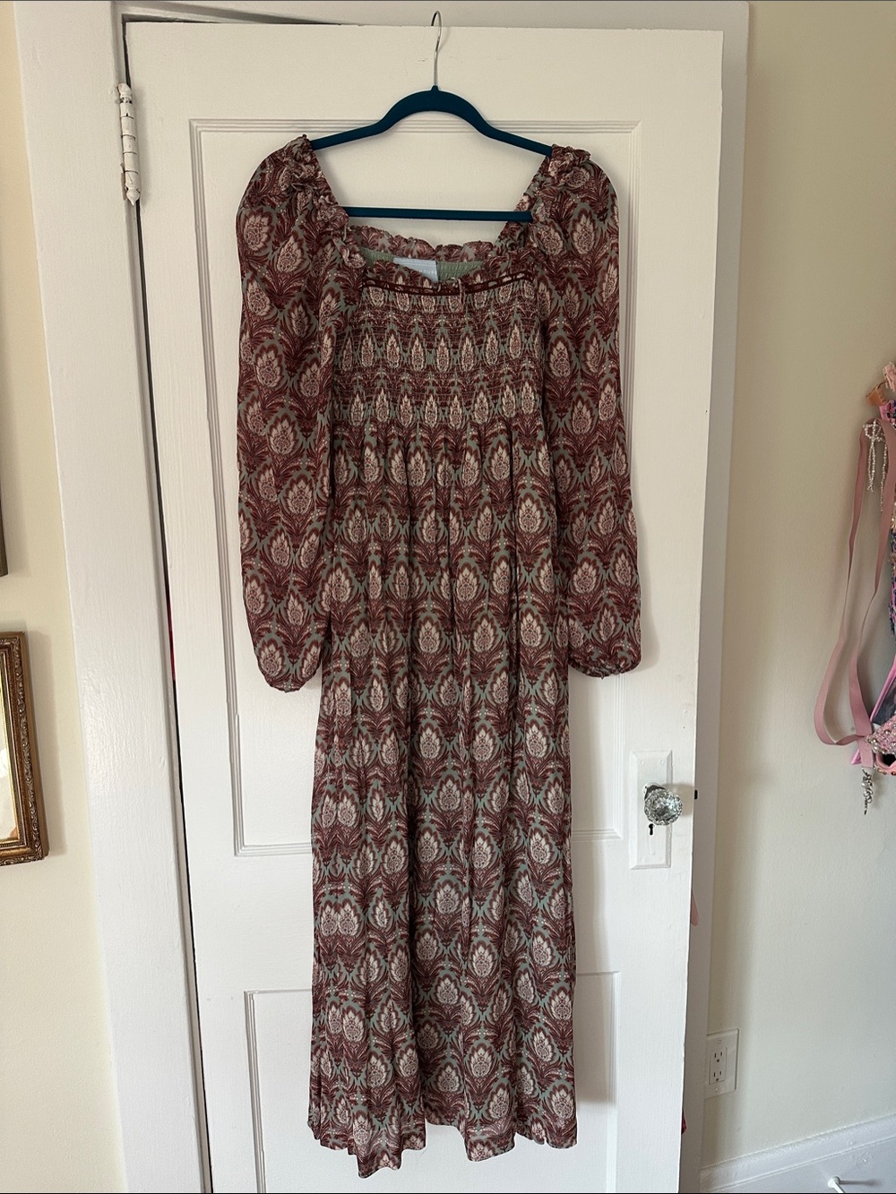 Hill house home Bohemian Long Sleeve Peasant Midi Dress in Burgundy and Cream